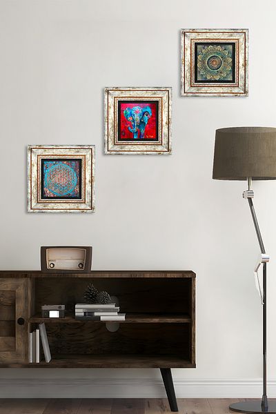 Pinecone Mandala, elefant, floarea vieții pictură pe perete din piatră, decor de perete înrămat, set de pictură din 3 piese