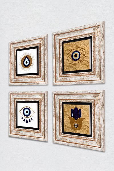 Pinecone Fatma Mother Hand (Hamsa), Nazar Stone Wall Painting Framed Wall Decor 4 Piece Painting Set Tk4-1079