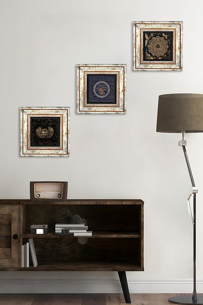 Pinecone Ochiul lui Horus, Evil Eye, Sri Yantra Pictură pe perete din piatră Decor de perete înrămat Set de 3 tablouri Artă de perete