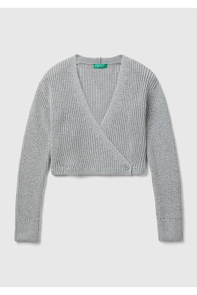 United Colors of Benetton Pulover Crop Gri deschis - Fata, Detaliat Nasturi