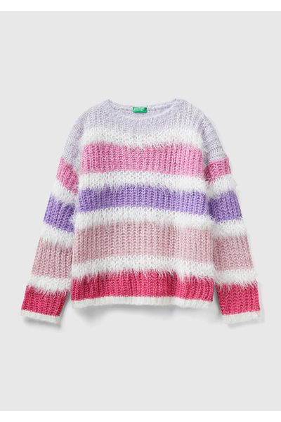 United Colors of Benetton Къс пуловер за момичета с хоризонтални райета и цветен микс
