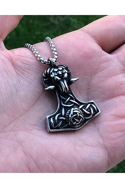 Viking Thor Mjollnir & Triquetra Scandinavian Patterned Tarnish & Stainless 316L Steel Men's Necklace