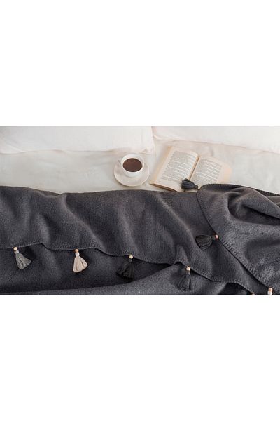 İdaş INDUSTRY POMPOM ONE PERSON COTTON BLANKET FANCY ANTHRACITE