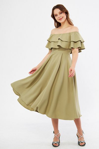 NO48 Oil Green Off Shoulder Karmen Collar Flowy Woven Fabric Flared Midi Length Φόρεμα επιστροφής στο σπίτι & βραδινό φόρεμα
