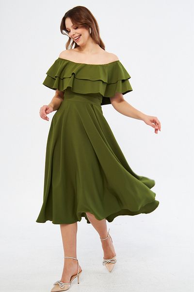 NO48 Χακί Off Shoulder Karmen γιακά με ντραπέ υφασμάτινο φόρεμα μίντι μήκους για επιστροφή στο σπίτι και βραδινό φόρεμα