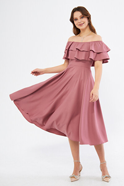 NO48 Dusty Rose Off Shoulder Karmen γιακά με ντραπέ υφασμάτινο φόρεμα μίντι μ...