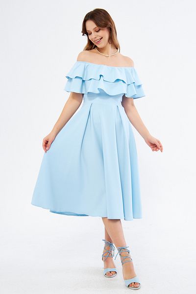 NO48 Baby Blue Off Shoulder Kamen γιακά με ντραπέ υφασμάτινο φόρεμα μίντι μήκους επιστροφής στο σπίτι & βραδινό φόρεμα