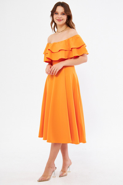 NO48 Πορτοκαλί Off Shoulder Karmen γιακά με ντραπέ ύφασμα Flared Midi μήκους Φόρεμα επιστροφής στο σπίτι & βραδινό φόρεμα