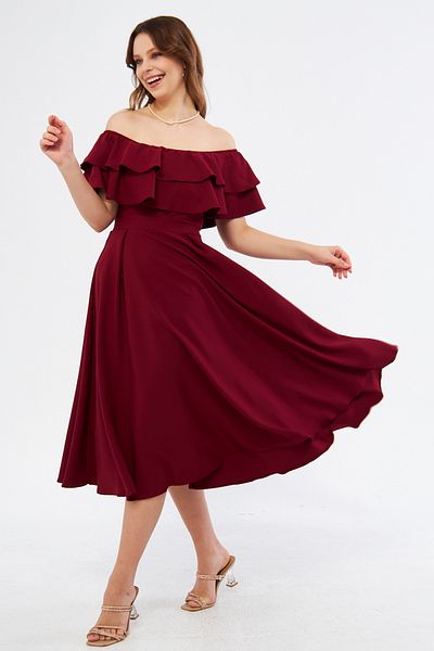 NO48 Burgundy Off-Shoulder Karmen Collar Flowy Woven Fabric Flared Midi Length Homecoming & Evening Dress
