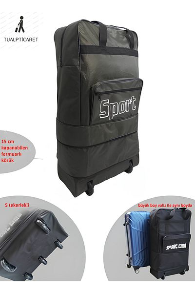 tualpticaret Khaki Expandable Travel Bag Storage 5 Wheeled Cloth Large Size Suitcase with Bellows 75x45x25cm