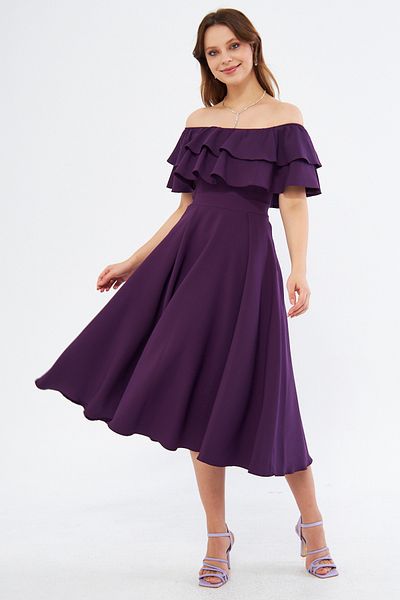 NO48 Plum Off-Shoulder Karmen Collar Flowy Woven Fabric Flared Midi Length Homecoming & Evening Dress