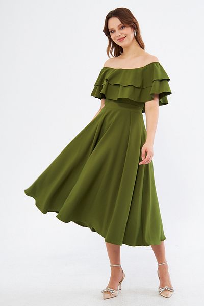 NO48 Χακί Off Shoulder Karmen γιακά με ντραπέ υφασμάτινο φόρεμα μίντι μήκους για επιστροφή στο σπίτι και βραδινό φόρεμα
