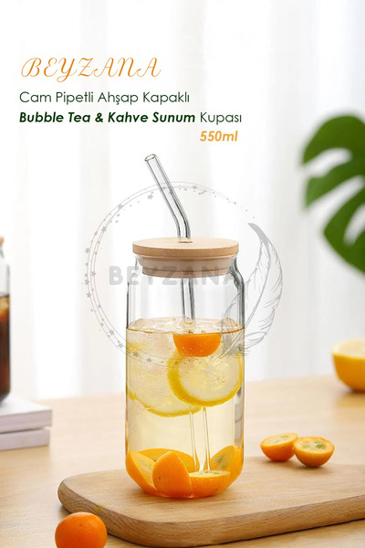 BEYZANA Isıya Dayanıklı Cam Pipetli Ahşap Kapaklı Bubble Tea Ve Borosilikat B...