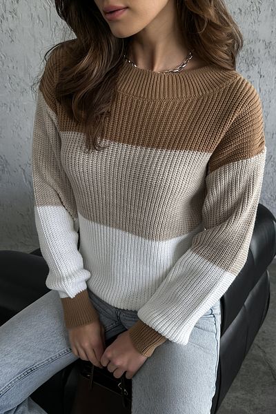 nosia fashion Дамски трикотажен пуловер с дълги ръкави и деколте с блокирани цветове