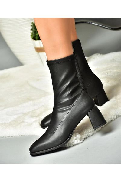 Pine Cone Black Stretch Thick Heeled Women's Boots