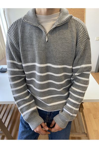 COOL TARZ Gray-White Men's Regular Zippered Fishing Knitwear Sweater