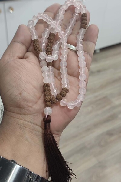 TAŞÇIZADE Pembe Kuvars Taşı Rudraksha Tohumu Habbeli Natural Namaz Tesbihi 10...