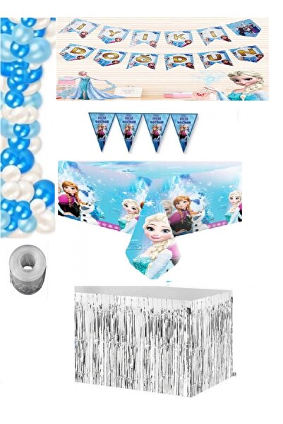 Dizayn Parti Evi Elsa Frozen DoğumGünü Seti Masa Örtüsü Masa Etegi Flama Banner Balon ve Zincir