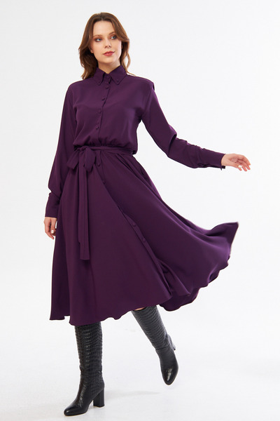 NO48 Slivkové košeľové šaty s dlhým rukávom a zapínaním na gombíky v páse s opaskom