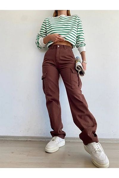 Trn JNS Clara Brown Super High Waist Γυναικεία Lycra Πίσω Μοντέλο Cargo Jeans χωρίς τσέπη