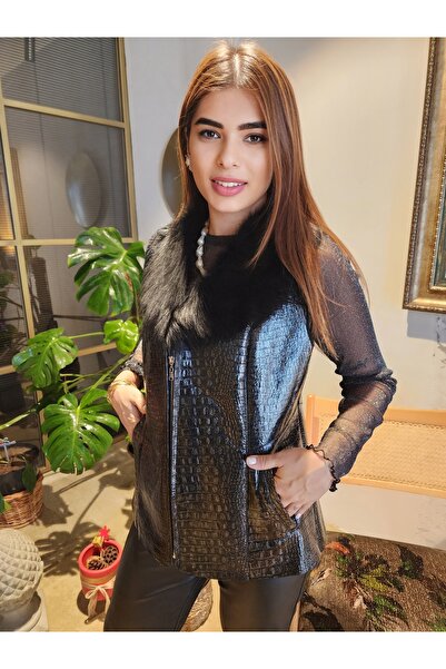 TMD AKSESUAR Toskana Kuzu Kürk Yakalı Gerçek Dana Derisi İçi Kürklü Siyah Ren...