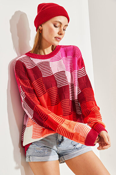 Bianco Lucci Women's Colorful Square Pattern Knit Sweater