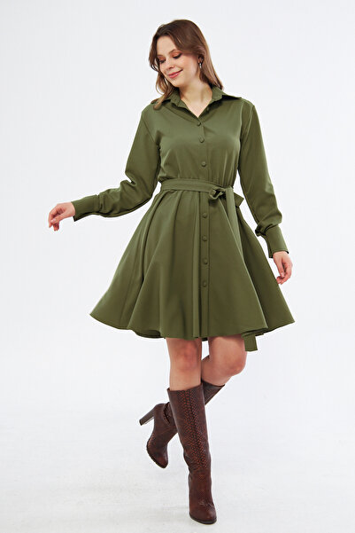 NO48 Φόρεμα πουκάμισο με μακρυμάνικο χακί, ελαστική μέση με ζώνη, υφαντό ντρα...