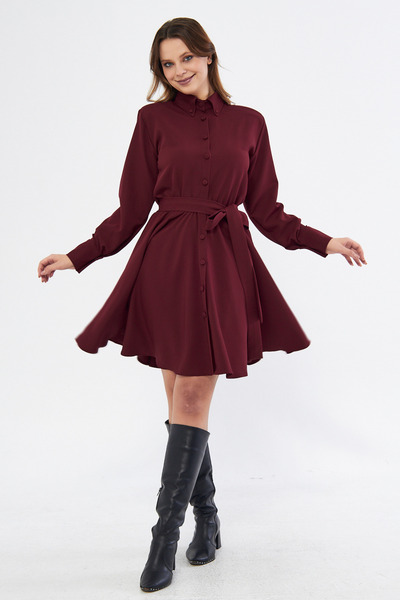 NO48 Bordo Uzun Kol Düğmeli Beli Lastikli Kuşaklı Dokuma Dökümlü Kumaş Mini B...