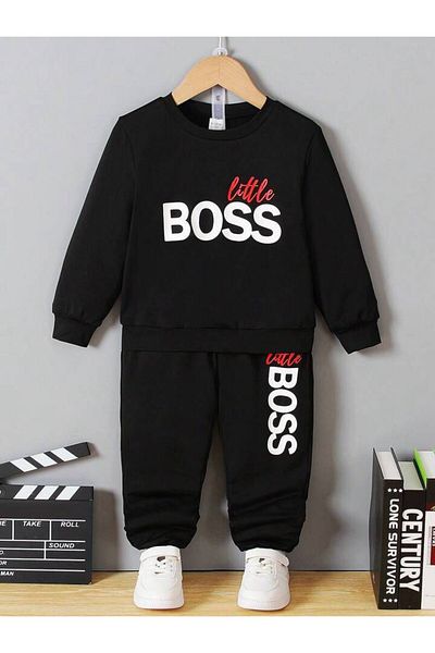 AMMA Children's Black Printed Sweatsirt Crew Neck Winter 3 Thread Bottom Top Tracksuit Set