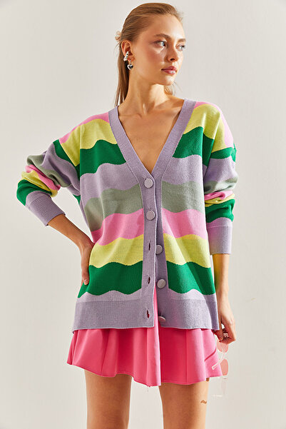 Bianco Lucci Women's Multi Patterned Oversize Knitwear Cardigan