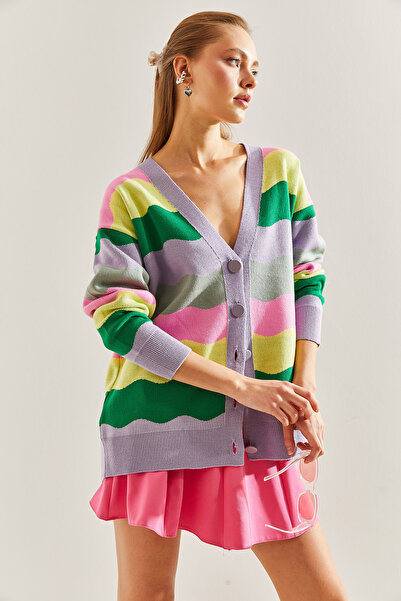 Bianco Lucci Women's Multi Patterned Oversize Knitwear Cardigan