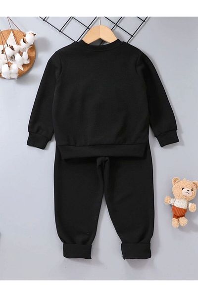 AMMA Children's Black Printed Sweatsirt Crew Neck Winter 3 Thread Bottom Top Tracksuit Set
