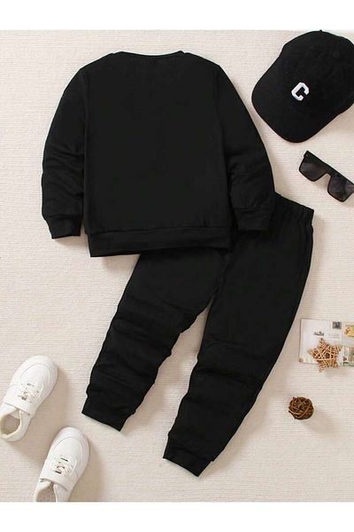 AMMA Children's Black Printed Sweatsirt Crew Neck Winter 3 Thread Bottom Top Tracksuit Set