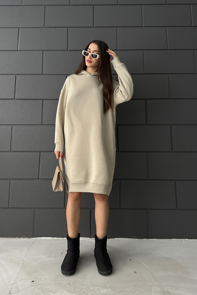 Sun Victoria Γυναικείο φόρεμα φούτερ με κρεμ κουκούλα Oversize με 3 κλωστές