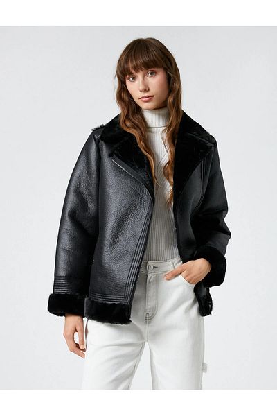 Koton Biker Jacket Leather Look Plush Detail Zipper Pocket