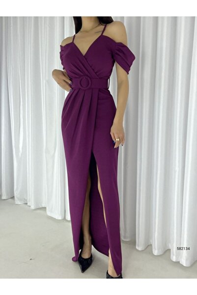 twomeey فستان سهرة من الكريب المستورد مع تفاصيل الكتف وحزام وفتحة أمامية (ملون)