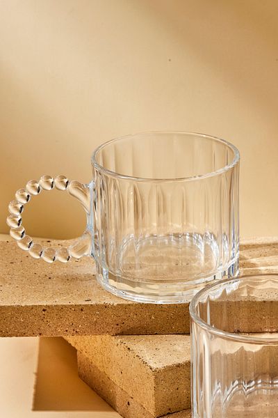 LOVE in KITCHEN Set of 2 325 ml Glass Mug Beaded Handled Glass Mug