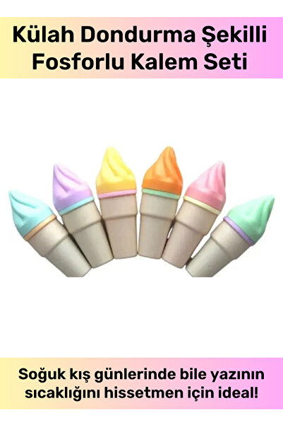 Pastimore Deluxe Serisi Külah Dondurma Şekilli Vurgulayıcı Tatlı Sevimli Çocuk Okul Fosforlu Kalem Seti 6 Adet