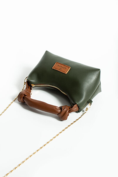 ESTUTE Kadın Soft Deri Düğüm Detaylı Kulplu Zincir Askılı Mini El Omuz Baget ...