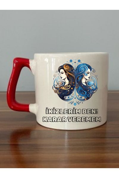 lili hediyelik Gemini Sign Red Handle Mug - Ceramic Tea, Coffee Gift Cup