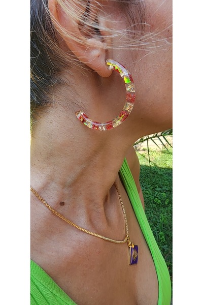 LuxArtbyESS Doğal Çiçekli Yarım Daire Küpe