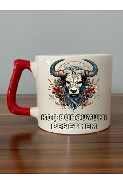 lili hediyelik Aries Red Handle Mug Cup - Ceramic Tea, Coffee Gift Cup