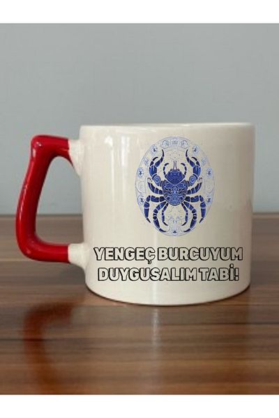 lili hediyelik Cancer Zodiac Red Handle Mug Cup - Ceramic Tea, Coffee Gift Cup