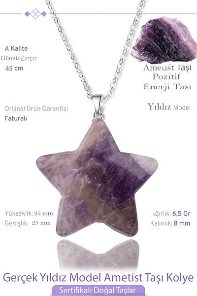 Tesbih Atölyesi Certified Real Star Model Amethyst Stone Necklace - Silver Apparatus