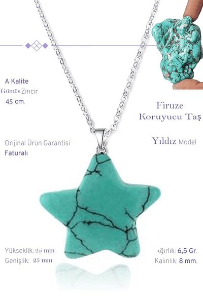 Tesbih Atölyesi Certified Real Star Model Turquoise (Turquoise) Stone Necklace - Silver Apparatus