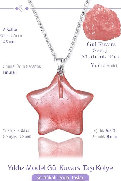 Tesbih Atölyesi Certified Real Star Model Rose Quartz Stone Necklace - Silver Apparatus