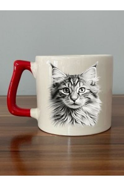 lili hediyelik Charcoal Cat Red Handled Mug Cup - Ceramic Tea, Coffee Gift Cup