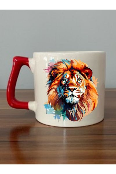 lili hediyelik Modern Lion Red Handled Mug Cup - Ceramic Tea, Coffee Gift Cup