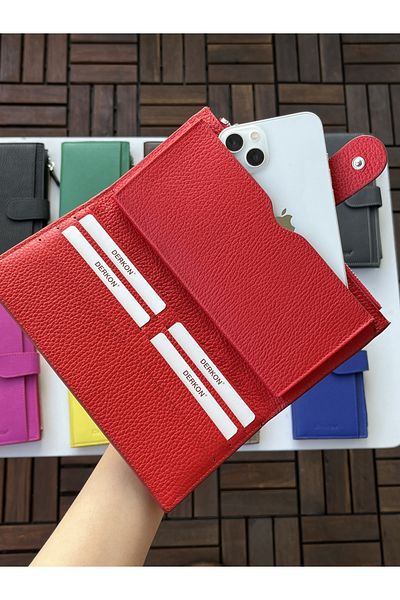 DERKON Noby Model Genuine Leather Red Wallet with Phone Compartment