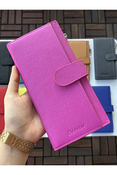 DERKON Noby Model Genuine Leather Pink Wallet with Phone Compartment